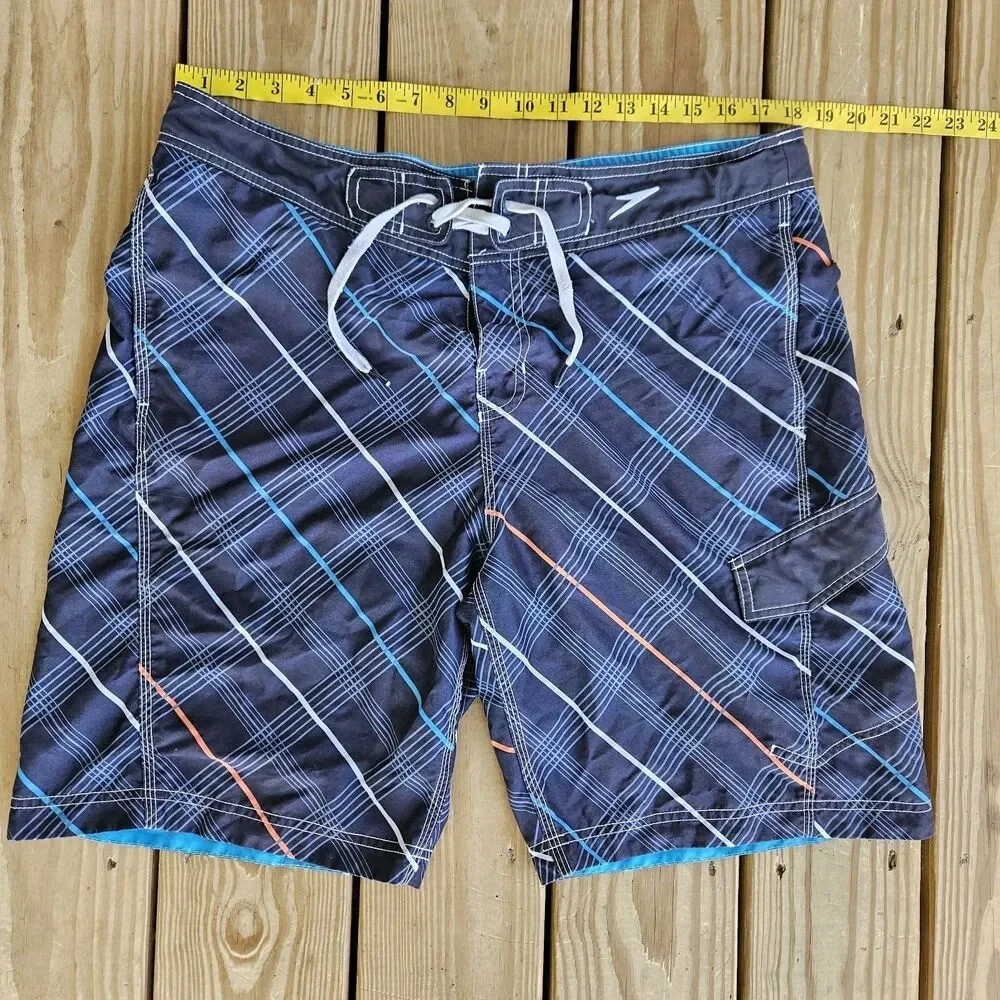 Speedo Mens's Medium Plaid Board Shorts Blue Orange Retro Surf Swim Trunks